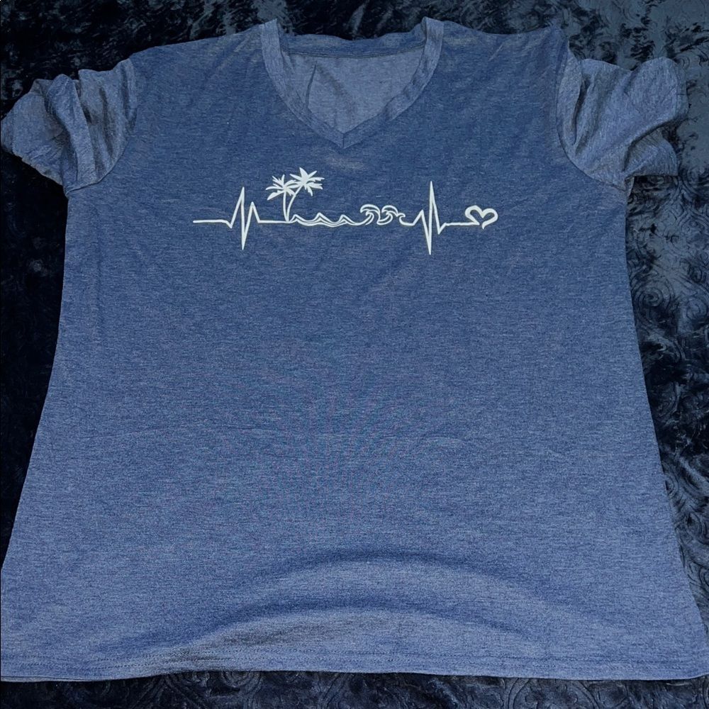 Beach Heartbeat Design Womens Soft V-Neck  Tshirt (Women’s XL)